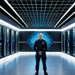 ** A futuristic data center in Sweden, showcasing servers with holographic projections of quantum circuits intertwined with traditional encryption symbols. Emphasize the contrast between classic and quantum computing. Security personnel are monitoring the systems. Include a subtle Swedish flag somewhere in the scene.

**