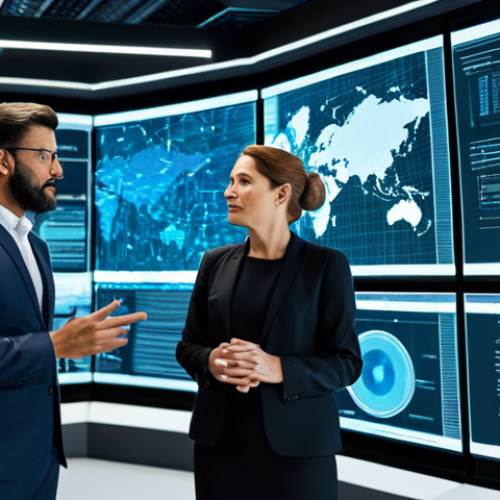Home 7 A diverse group of professional cybersecurity experts, both male and female, in modest business suits and professional dress, gathered around a large interactive holographic display, discussing complex data structures in a secure, modern data center. The atmosphere is focused and collaborative. The setting emphasizes advanced technology and a clean, well-lit environment. fully clothed, appropriate attire, safe for work, perfect anatomy, natural proportions, professional photography, high quality, well-formed hands, proper finger count, natural body proportions, appropriate content, family-friendly.