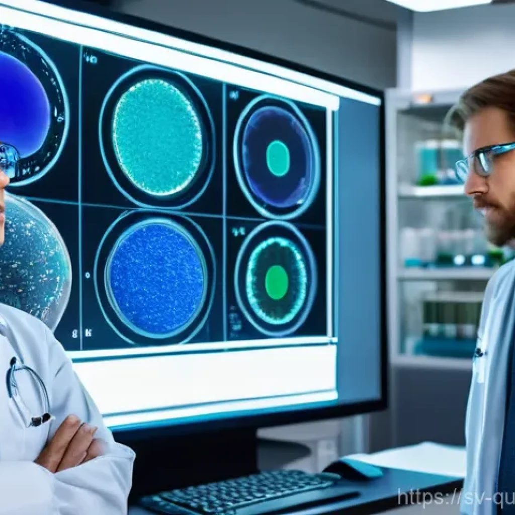 양자 보안 기술의 이론적 배경 - **Medical Breakthroughs:** On one side, scientists (appropriately dressed in lab attire) are examini...