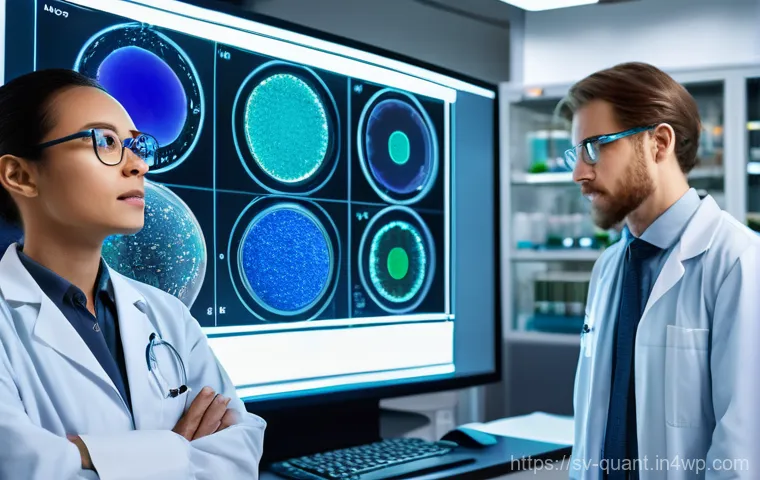 양자 보안 기술의 이론적 배경 - **Medical Breakthroughs:** On one side, scientists (appropriately dressed in lab attire) are examini...