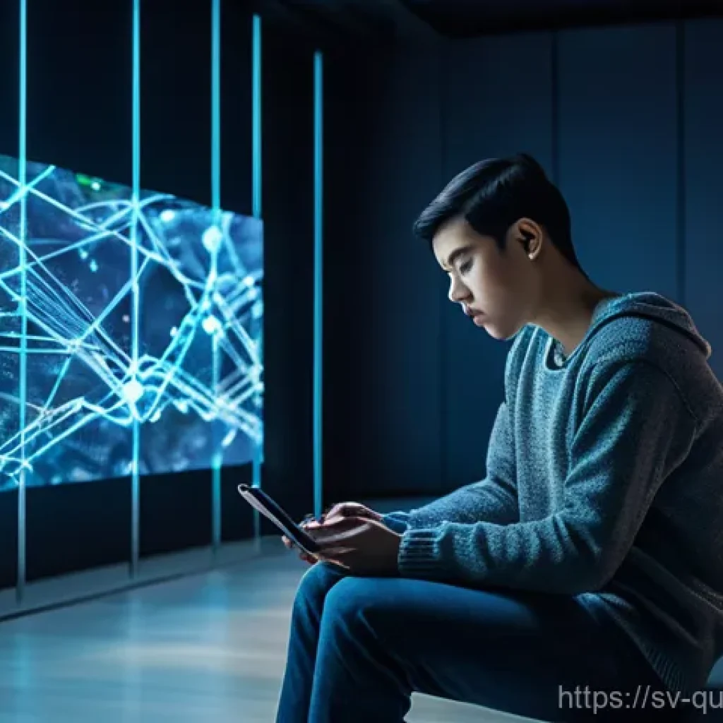 양자 보안 기술을 위한 혁신적인 접근법 - **Prompt:** A person (gender-neutral, wearing casual street clothes like jeans and a sweater) sits r...