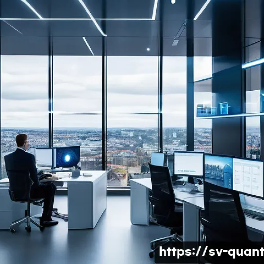 양자 보안 기술을 통한 사이버 공격 대응 전략 - A futuristic corporate office environment in Stockholm, Sweden, showcasing a high-tech quantum crypt...