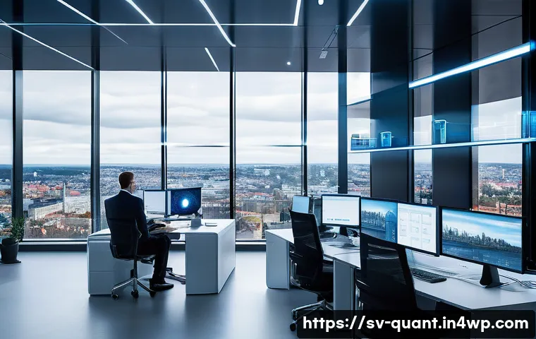 양자 보안 기술을 통한 사이버 공격 대응 전략 - A futuristic corporate office environment in Stockholm, Sweden, showcasing a high-tech quantum crypt...