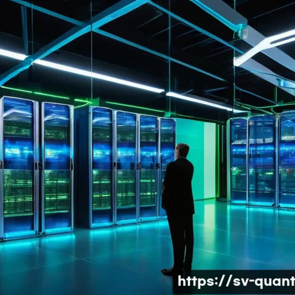 양자 보안 기술의 글로벌 동향 - A futuristic data center in Sweden illuminated with blue and green neon lights, showcasing advanced ...