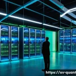 양자 보안 기술의 글로벌 동향 - A futuristic data center in Sweden illuminated with blue and green neon lights, showcasing advanced ...