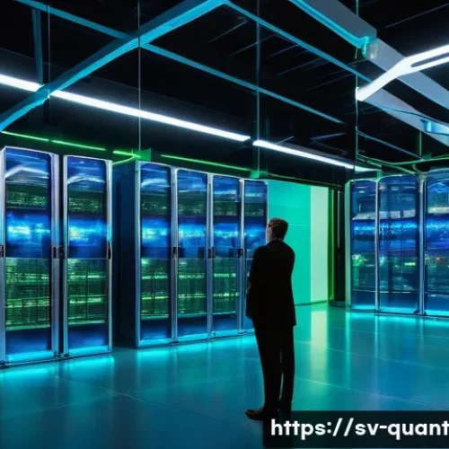 양자 보안 기술의 글로벌 동향 - A futuristic data center in Sweden illuminated with blue and green neon lights, showcasing advanced ...