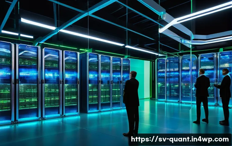 양자 보안 기술의 글로벌 동향 - A futuristic data center in Sweden illuminated with blue and green neon lights, showcasing advanced ...