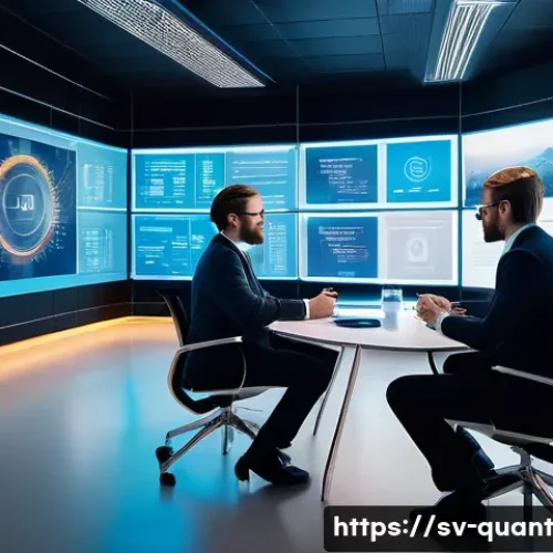 양자 보안 기술의 경제적 영향 분석 - A futuristic corporate office environment in Stockholm, Sweden, showcasing professionals collaborati...