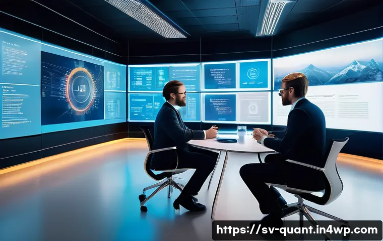 양자 보안 기술의 경제적 영향 분석 - A futuristic corporate office environment in Stockholm, Sweden, showcasing professionals collaborati...