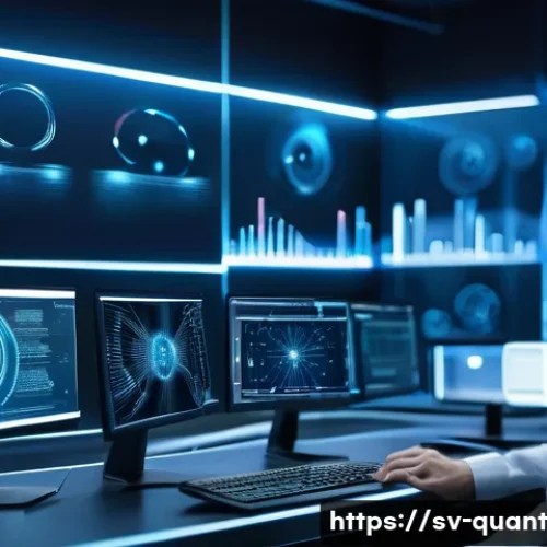 양자 통신의 이점과 한계 - A futuristic Scandinavian laboratory scene showcasing quantum communication technology in action, wi...