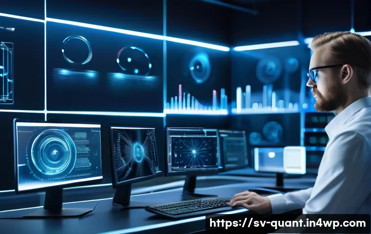 양자 통신의 이점과 한계 - A futuristic Scandinavian laboratory scene showcasing quantum communication technology in action, wi...