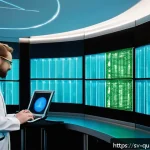 양자 보안 기술의 실험적 연구 결과 - A high-tech Scandinavian research laboratory with scientists in modern attire working on quantum key...