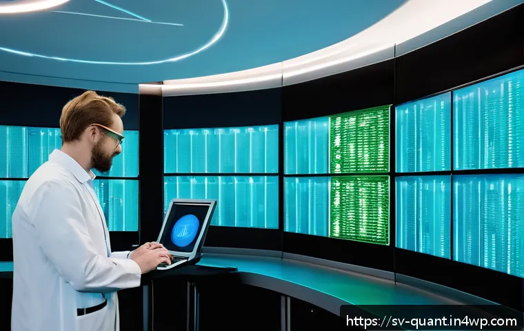 양자 보안 기술의 실험적 연구 결과 - A high-tech Scandinavian research laboratory with scientists in modern attire working on quantum key...