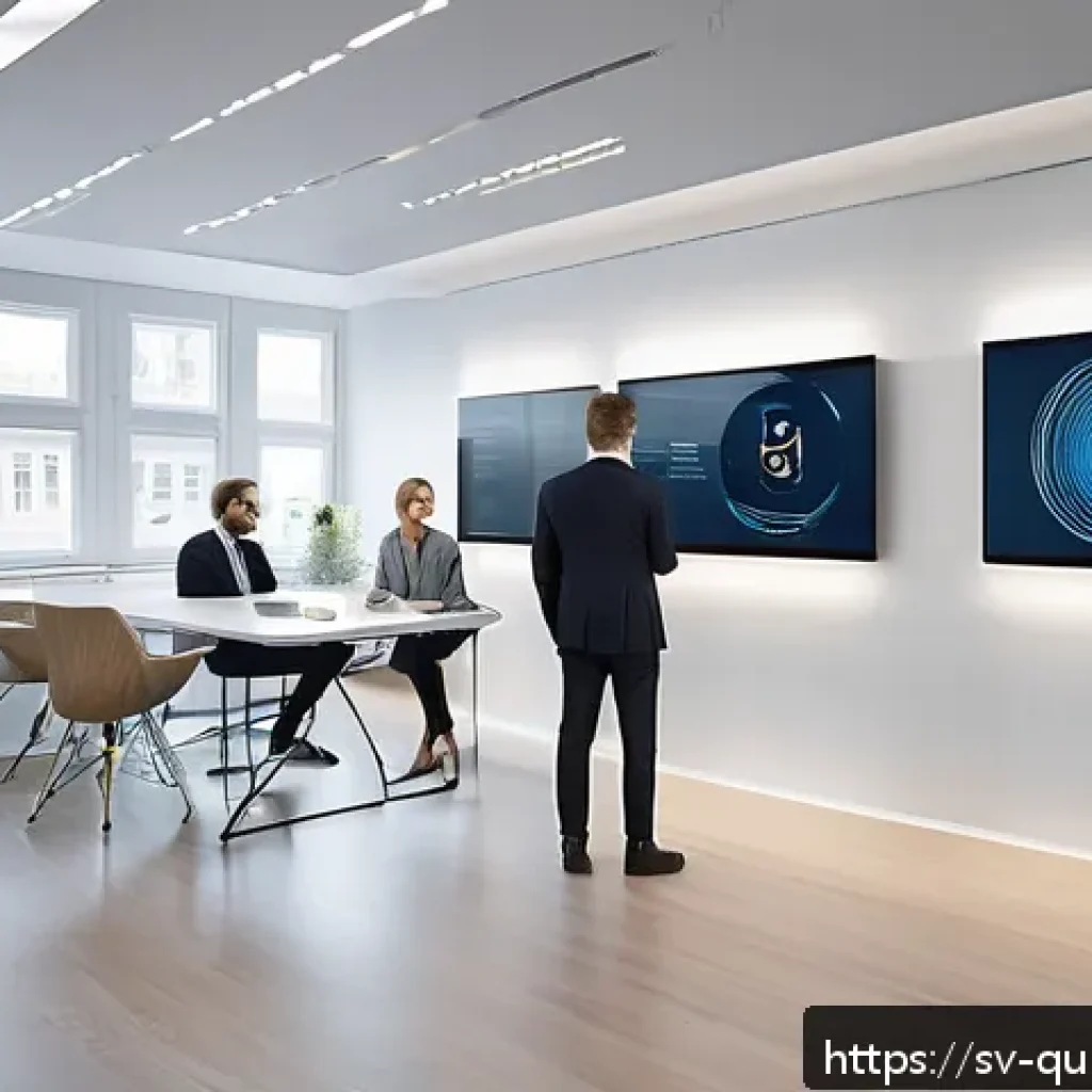 양자 보안 기술의 응용 사례 분석 - A modern Scandinavian bank office interior showcasing advanced quantum cryptography technology in ac...