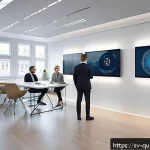 양자 보안 기술의 응용 사례 분석 - A modern Scandinavian bank office interior showcasing advanced quantum cryptography technology in ac...
