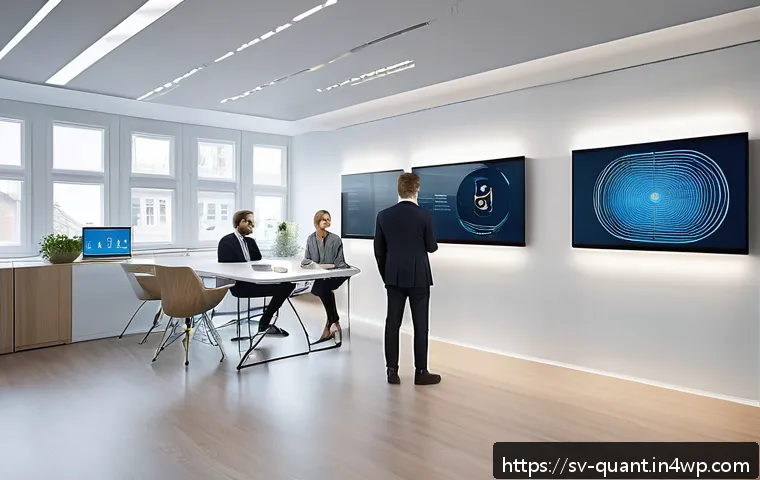 양자 보안 기술의 응용 사례 분석 - A modern Scandinavian bank office interior showcasing advanced quantum cryptography technology in ac...