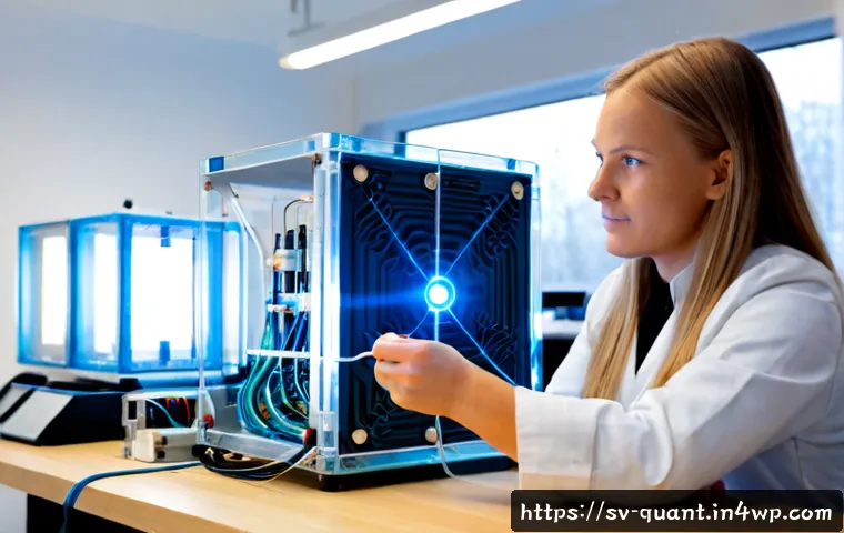 Home 17 양자 통신의 안전한 데이터 전송 기법 - Photorealistic secure quantum communication concept in a modern Scandinavian research laboratory, a ...