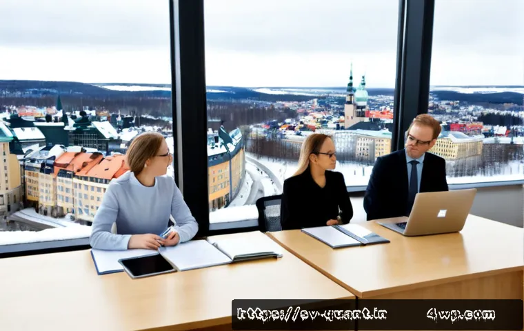 Home 17 양자 보안 기술의 법적 규제 현황 - Photorealistic Nordic policy meeting in a bright modern Stockholm government office, Swedish legal e...